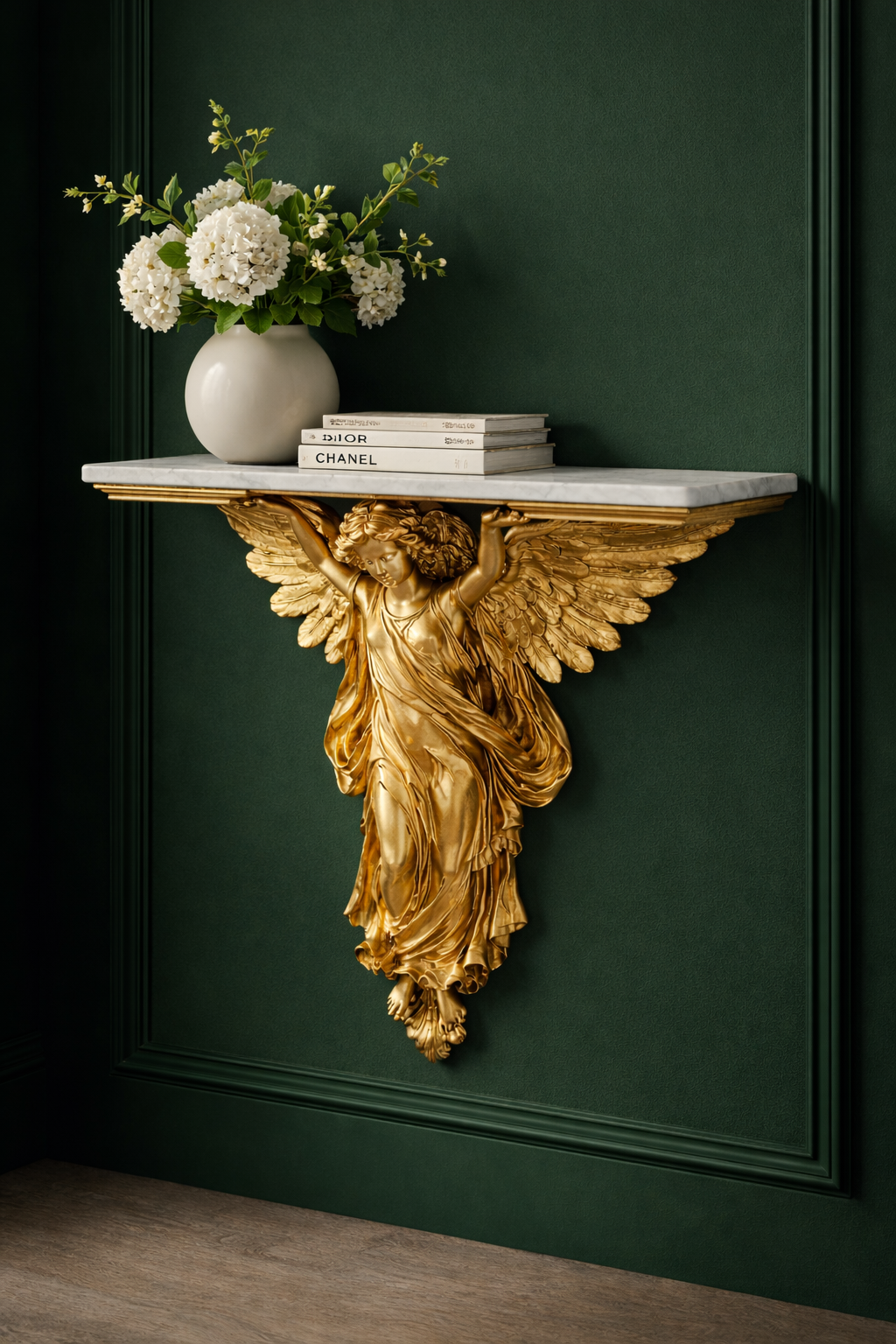 Generla view on green background of 24K gold leaf gilding on hand-carved linden wood Nike sculpture wing